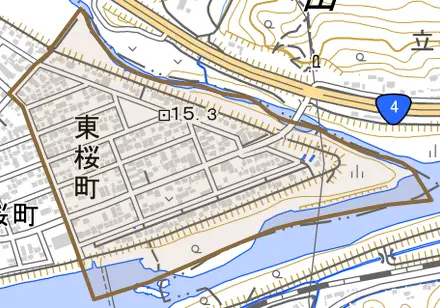 字東桜町とその周辺の地図。町の範囲を重ねている