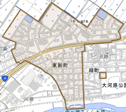 字緑町とその周辺の地図。町の範囲を重ねている