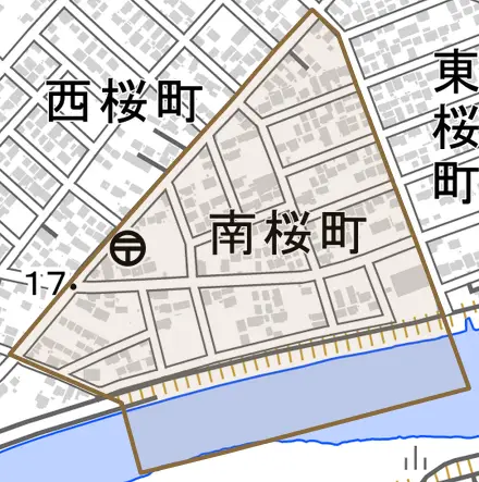 字南桜町とその周辺の地図。町の範囲を重ねている