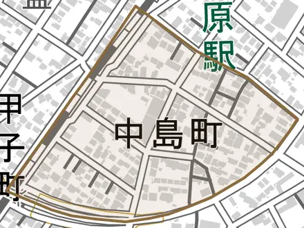 字中島町とその周辺の地図。町の範囲を重ねている