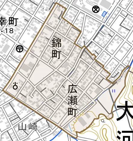 字錦町とその周辺の地図。町の範囲を重ねている
