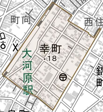 字幸町とその周辺の地図。町の範囲を重ねている