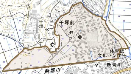字千塚前とその周辺の地図。町の範囲を重ねている