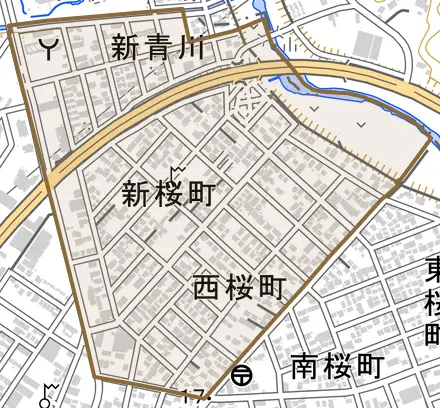 字新青川とその周辺の地図。町の範囲を重ねている