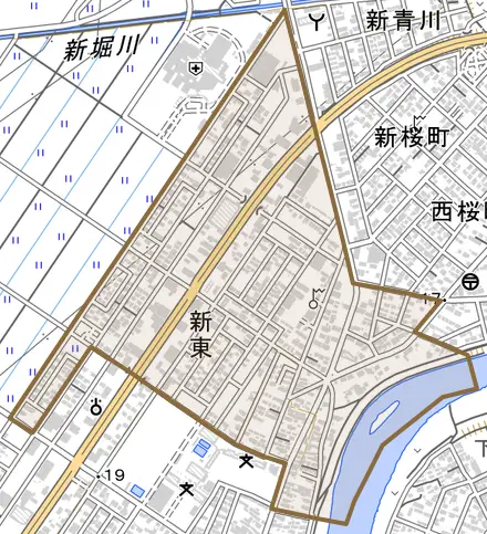 字新東とその周辺の地図。町の範囲を重ねている
