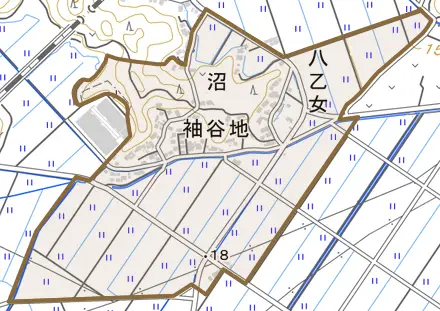 字袖谷地とその周辺の地図。町の範囲を重ねている