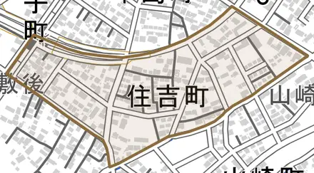 字住吉町とその周辺の地図。町の範囲を重ねている