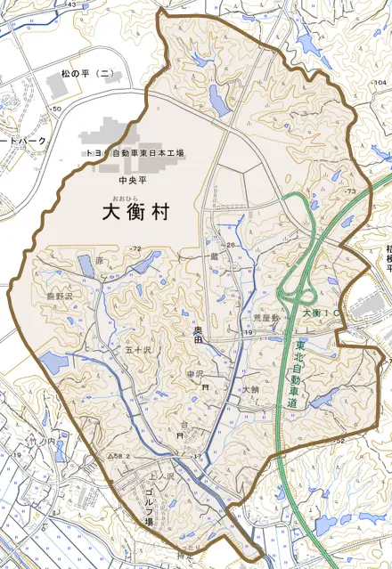 中央平とその周辺の地図。町の範囲を重ねている