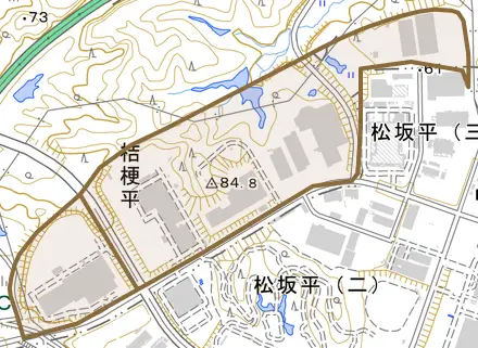 桔梗平とその周辺の地図。町の範囲を重ねている