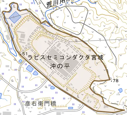 沖の平とその周辺の地図。町の範囲を重ねている