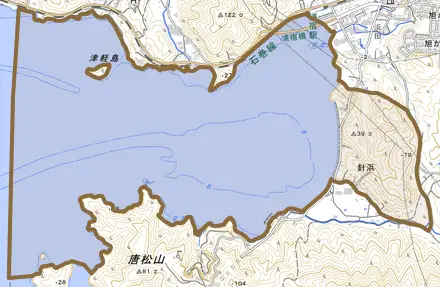 針浜とその周辺の地図。町の範囲を重ねている