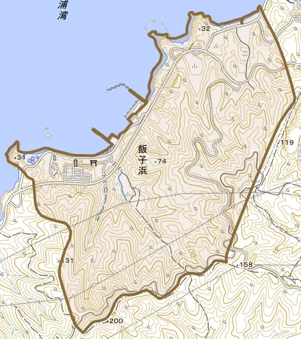 飯子浜とその周辺の地図。町の範囲を重ねている