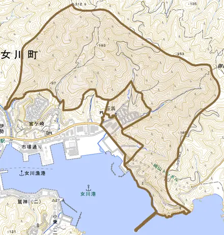 石浜とその周辺の地図。町の範囲を重ねている
