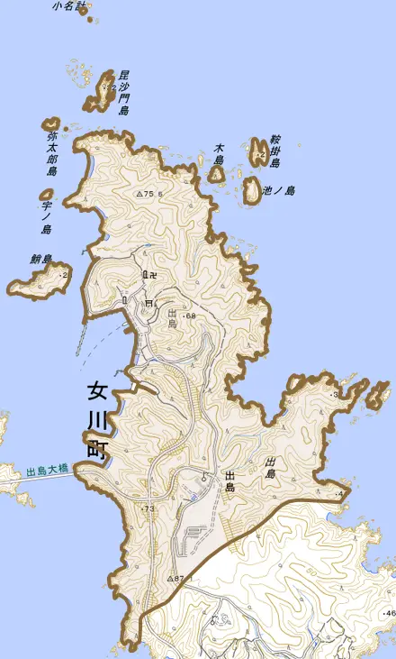 出島とその周辺の地図。町の範囲を重ねている