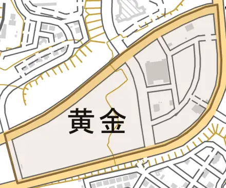 黄金とその周辺の地図。町の範囲を重ねている