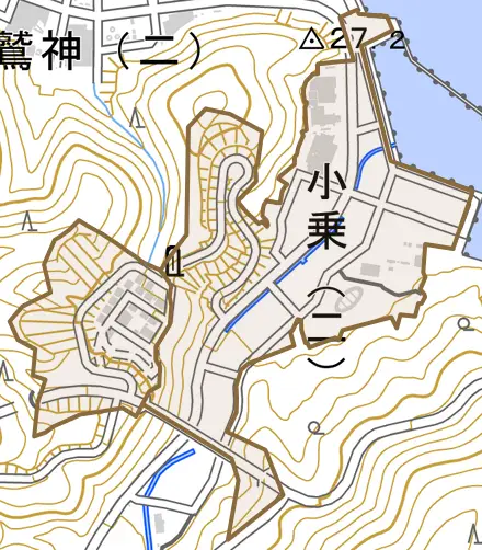 小乗とその周辺の地図。町の範囲を重ねている