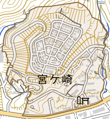 宮ケ崎とその周辺の地図。町の範囲を重ねている
