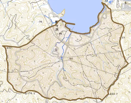野々浜とその周辺の地図。町の範囲を重ねている