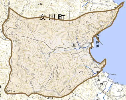 大石原浜とその周辺の地図。町の範囲を重ねている