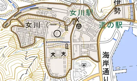 女川とその周辺の地図。町の範囲を重ねている