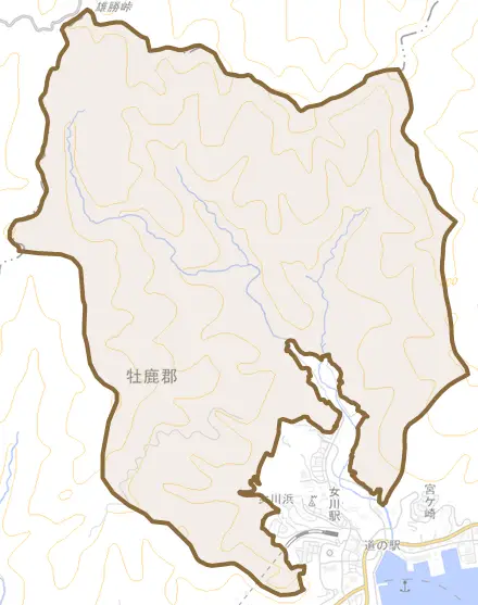 女川浜とその周辺の地図。町の範囲を重ねている