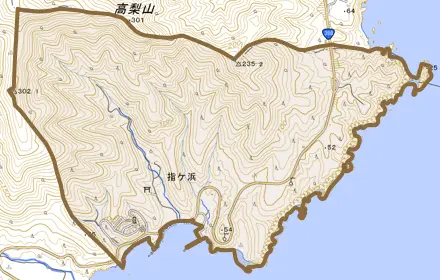 指ケ浜とその周辺の地図。町の範囲を重ねている