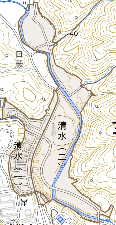 清水とその周辺の地図。町の範囲を重ねている
