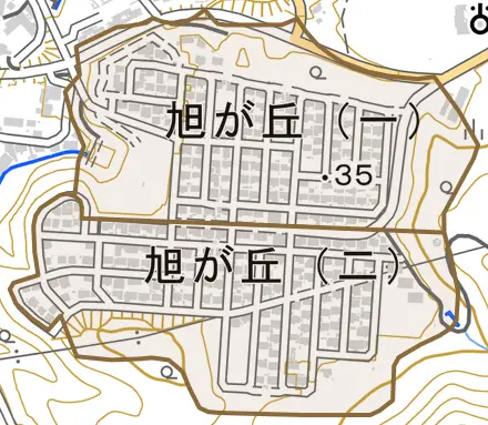 旭が丘とその周辺の地図。町の範囲を重ねている