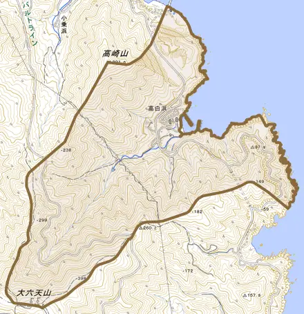 高白浜とその周辺の地図。町の範囲を重ねている