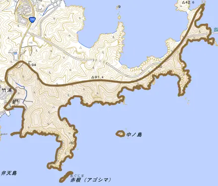 竹浦とその周辺の地図。町の範囲を重ねている