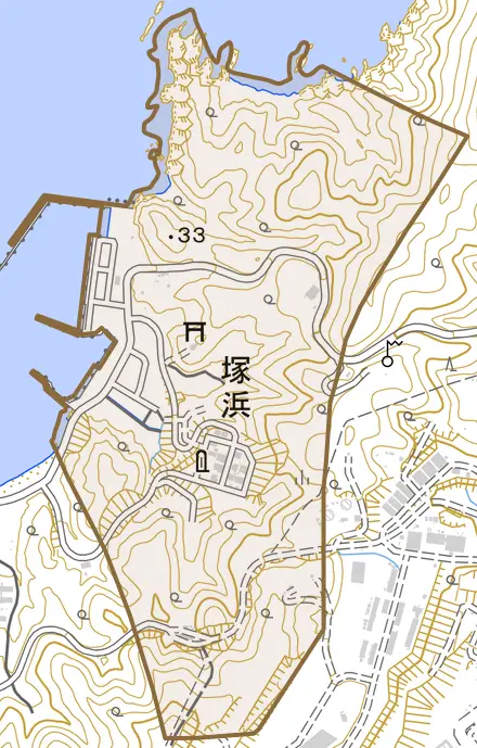 塚浜とその周辺の地図。町の範囲を重ねている
