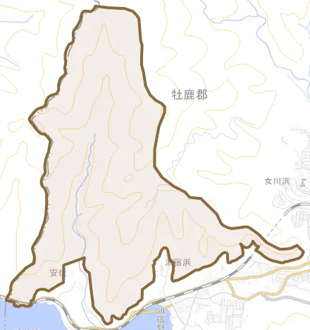 浦宿浜とその周辺の地図。町の範囲を重ねている