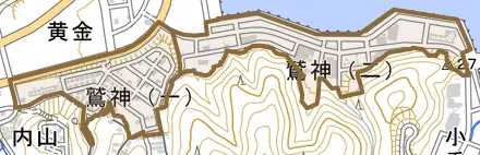 鷲神とその周辺の地図。町の範囲を重ねている