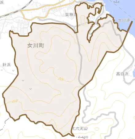 鷲神浜とその周辺の地図。町の範囲を重ねている