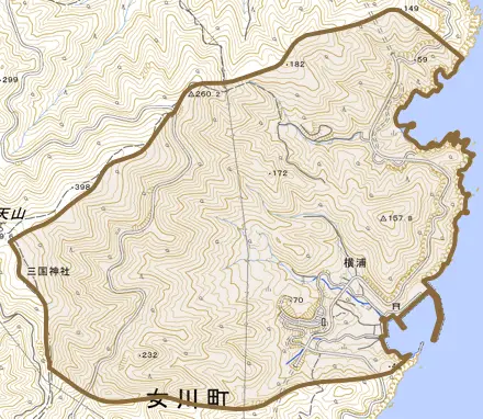 横浦とその周辺の地図。町の範囲を重ねている
