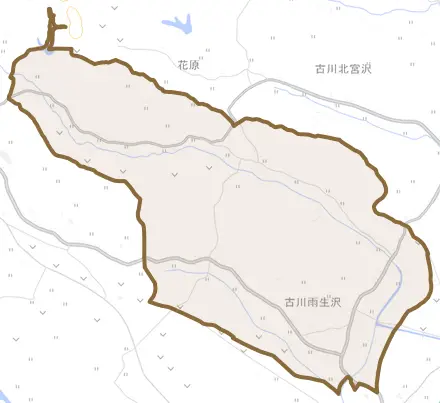 古川雨生沢とその周辺の地図。町の範囲を重ねている
