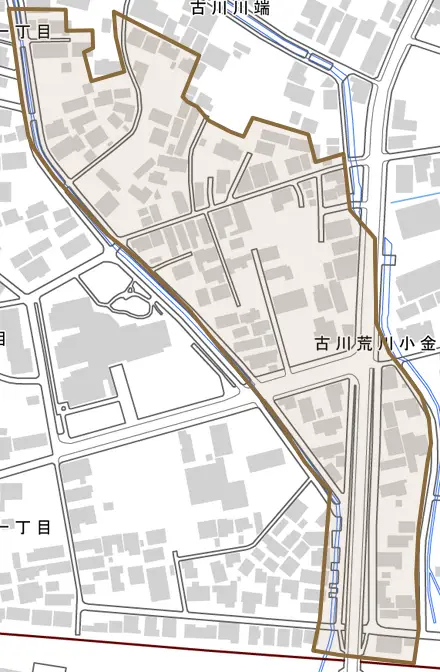 古川荒川小金町とその周辺の地図。町の範囲を重ねている