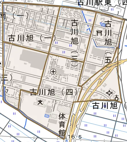 古川旭とその周辺の地図。町の範囲を重ねている