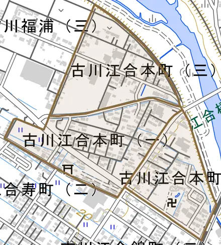 古川江合本町とその周辺の地図。町の範囲を重ねている
