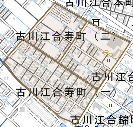 古川江合寿町とその周辺の地図。町の範囲を重ねている
