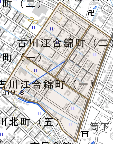 古川江合錦町とその周辺の地図。町の範囲を重ねている