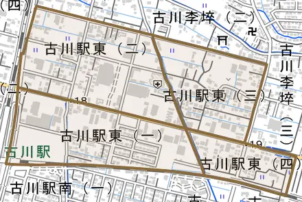 古川駅東とその周辺の地図。町の範囲を重ねている