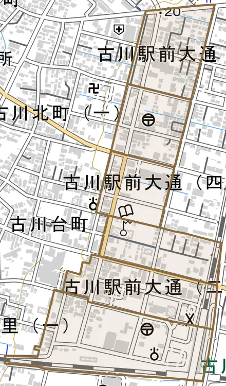 古川駅前大通とその周辺の地図。町の範囲を重ねている