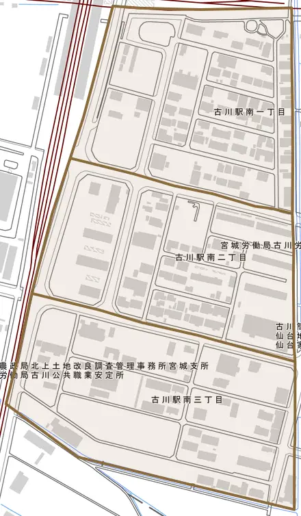古川駅南とその周辺の地図。町の範囲を重ねている