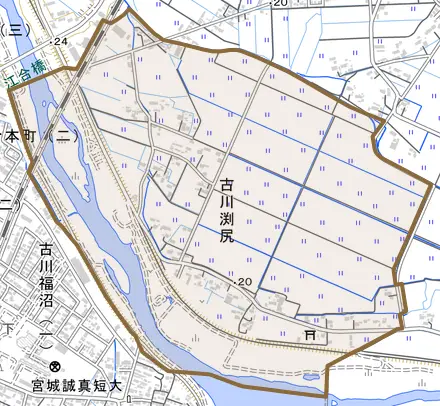 古川渕尻とその周辺の地図。町の範囲を重ねている