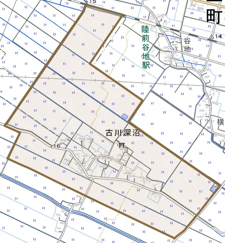 古川深沼とその周辺の地図。町の範囲を重ねている