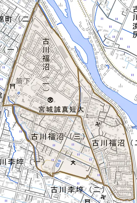 古川福沼とその周辺の地図。町の範囲を重ねている