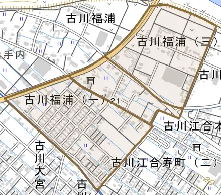 古川福浦とその周辺の地図。町の範囲を重ねている
