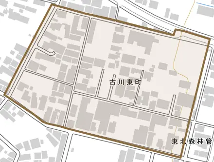 古川東町とその周辺の地図。町の範囲を重ねている