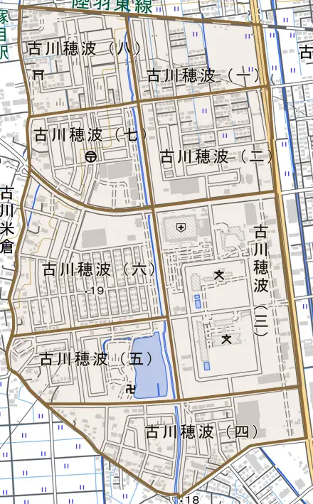 古川穂波とその周辺の地図。町の範囲を重ねている